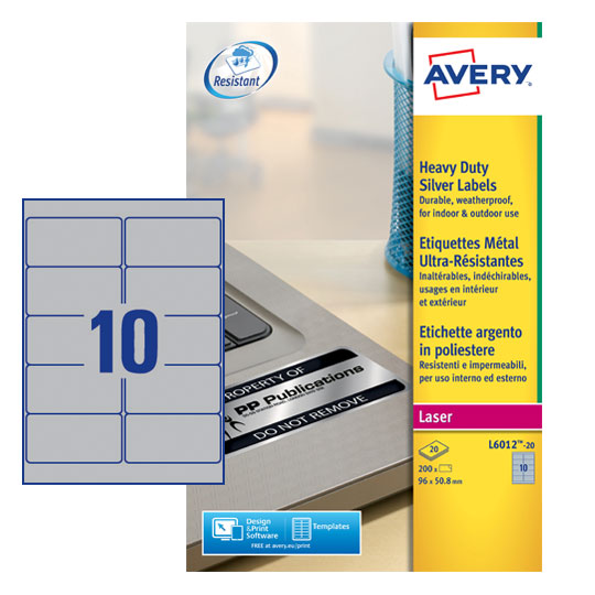 Avery Laser Heavy Duty Label 96x50.8mm 10 Per A4 Sheet Silver (Pack 200 Labels) L6012-20 - ONE CLICK SUPPLIES