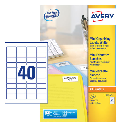 Avery Laser Mini Label 45.7x25.4mm 40 Per A4 Sheet White (Pack 1000 Labels) L7654-25 - ONE CLICK SUPPLIES