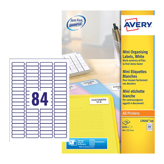 Avery Laser Mini Label 46x11mm 84 Per A4 Sheet White (Pack 8400 Labels) L7656-100 - ONE CLICK SUPPLIES