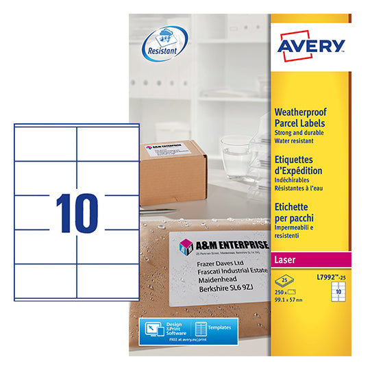 Avery Laser Weatherproof Parcel Label 99x57mm 10 Per A4 Sheet White(Pack 250 Labels)L7992-25 - ONE CLICK SUPPLIES