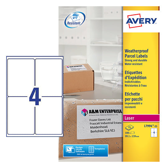 Avery Laser Weatherproof Parcel Label 99x139mm 4 Per A4 Sheet White (Pack 100 Labels) L7994-25 - ONE CLICK SUPPLIES