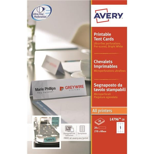 Avery (210 x 60mm) Printable Business Tent Cards 190gsm (White) Pack of 20 Cards L4796 - ONE CLICK SUPPLIES