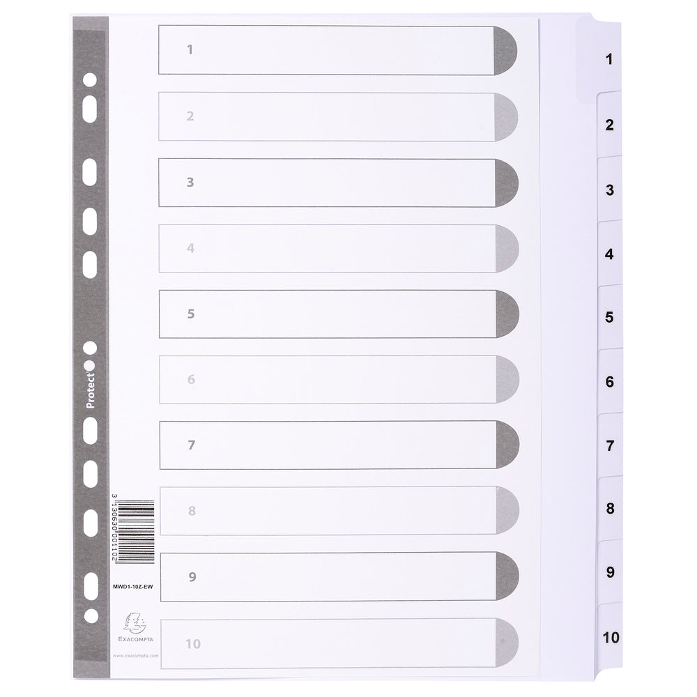 Exacompta Index 1-10 A4 Extra Wide 160gsm Card White with White Mylar Tabs - MWD1-10Z-EW - ONE CLICK SUPPLIES