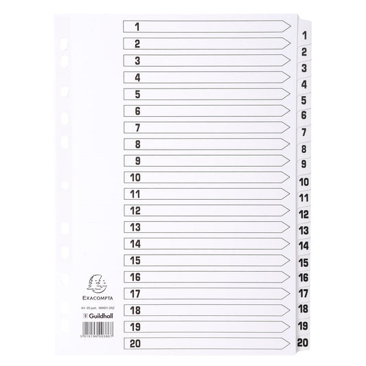 Exacompta Index 1-20 A4 160gsm Card White with White Mylar Tabs - MWD1-20Z - ONE CLICK SUPPLIES