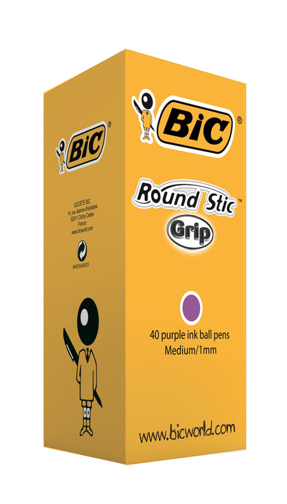 Bic Round Stic Grip Ballpoint Pen 1mm Tip 0.32mm Line Purple (Pack 40) - 920412 - ONE CLICK SUPPLIES