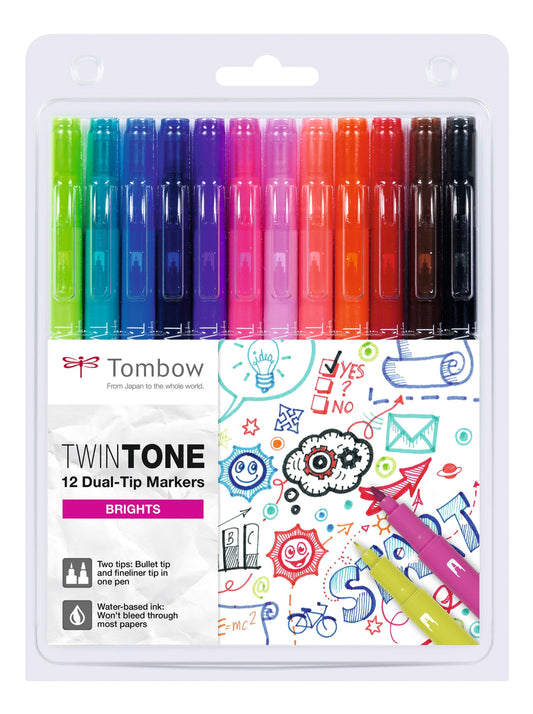 Tombow TwinTone Dual Tip Marker 0.8mm and 0.3mm Line Bright Assorted Colours (Pack 12) - WS-PK-12P-1 - ONE CLICK SUPPLIES