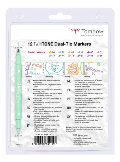 Tombow TwinTone Dual Tip Marker 0.8mm and 0.3mm Line Pastel Assorted Colours (Pack 12) - WS-PK-12P-2 - ONE CLICK SUPPLIES